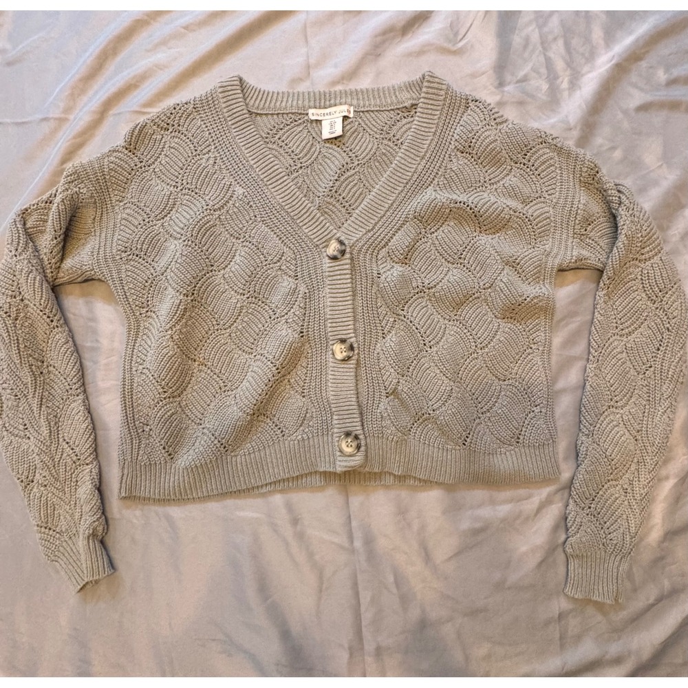 Sincerely Jules Sage Green Pointelle Knit Button Front Cropped Cardigan Sweater